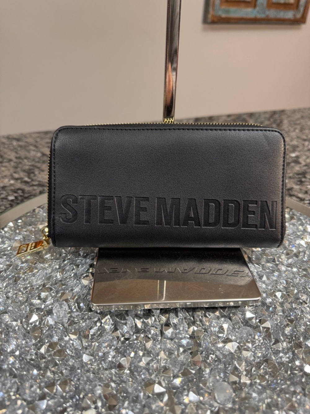 Steve Madden Black Embossed Zip Wallet with Gold Hardware 8x4 NWOT